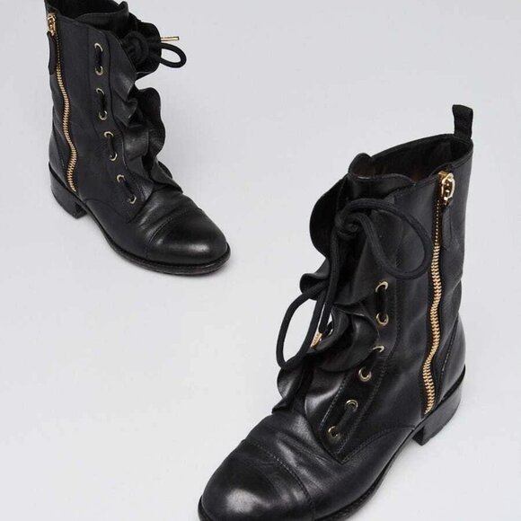 Valentino Black Leather Ruffle Combat Boots Size 5.5/36 295-050725